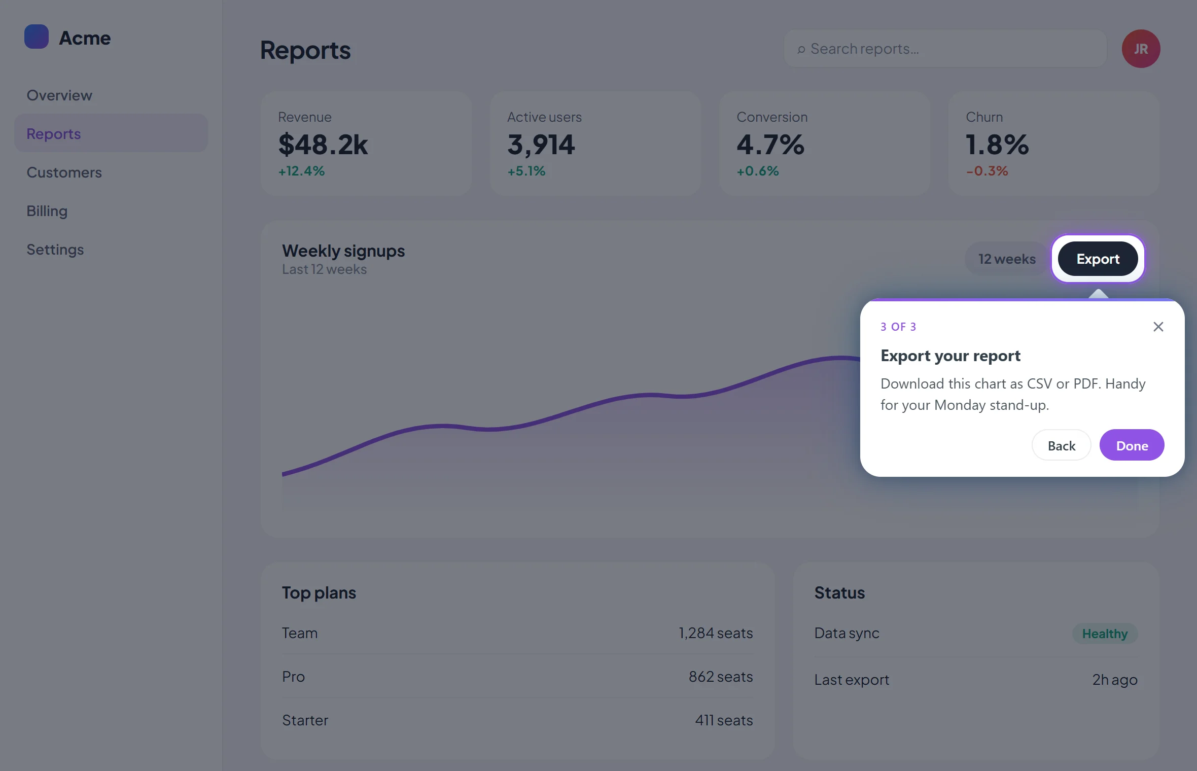The same step as a visitor sees it: the Export button highlighted with a callout explaining it