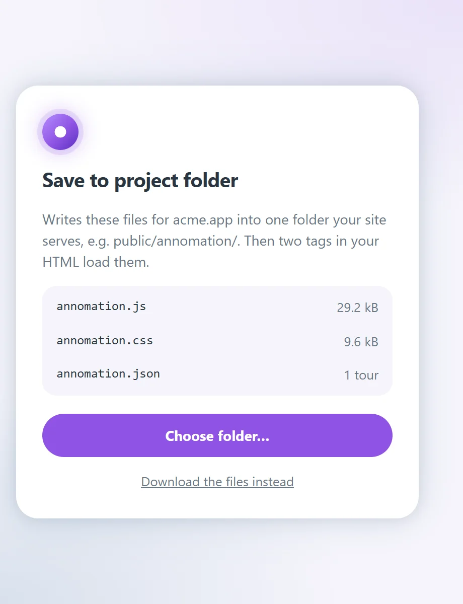 Studio's Save to project folder window listing annomation.js, annomation.css and annomation.json