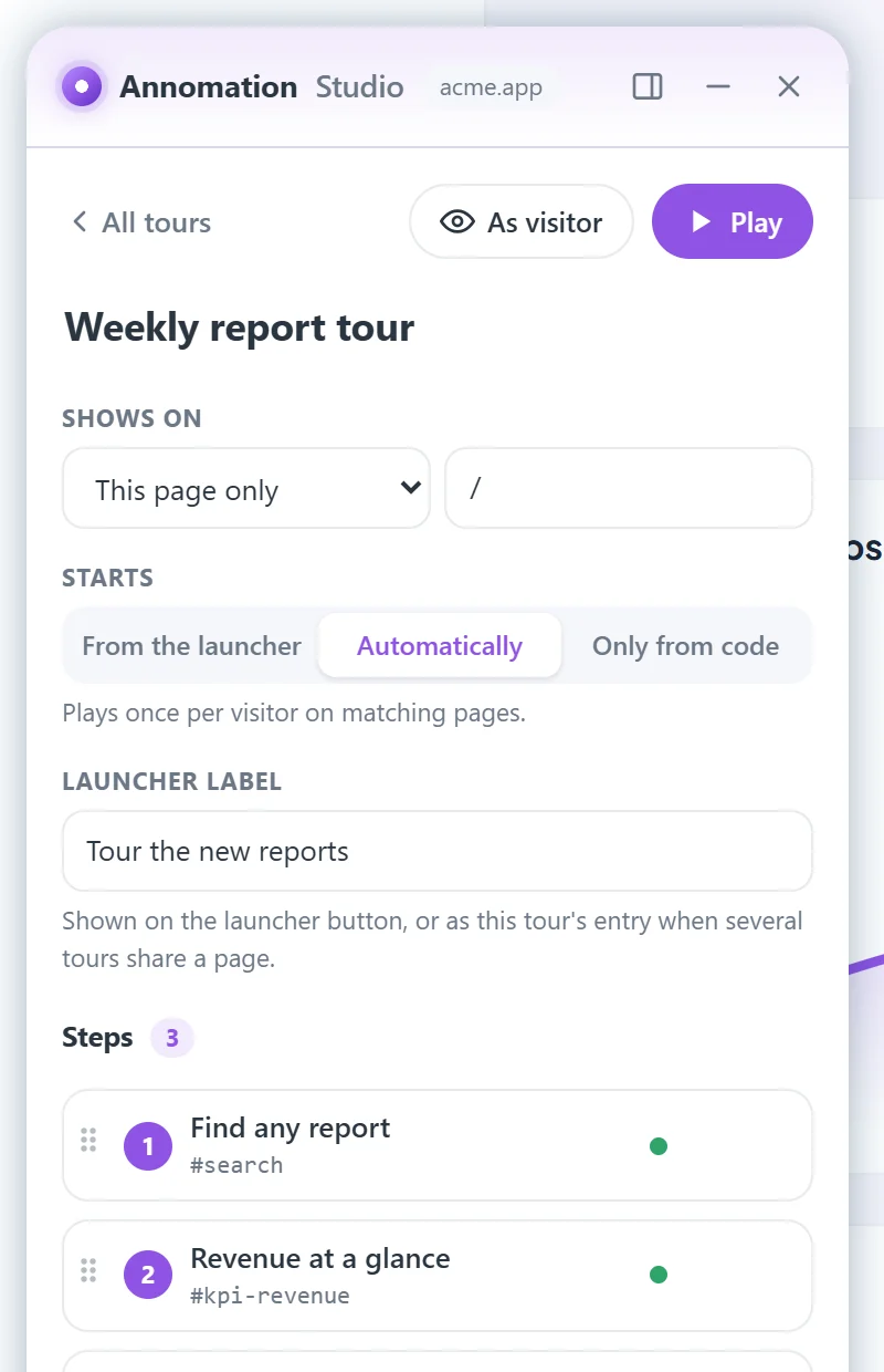 The Studio panel open on a page, showing a tour and its steps