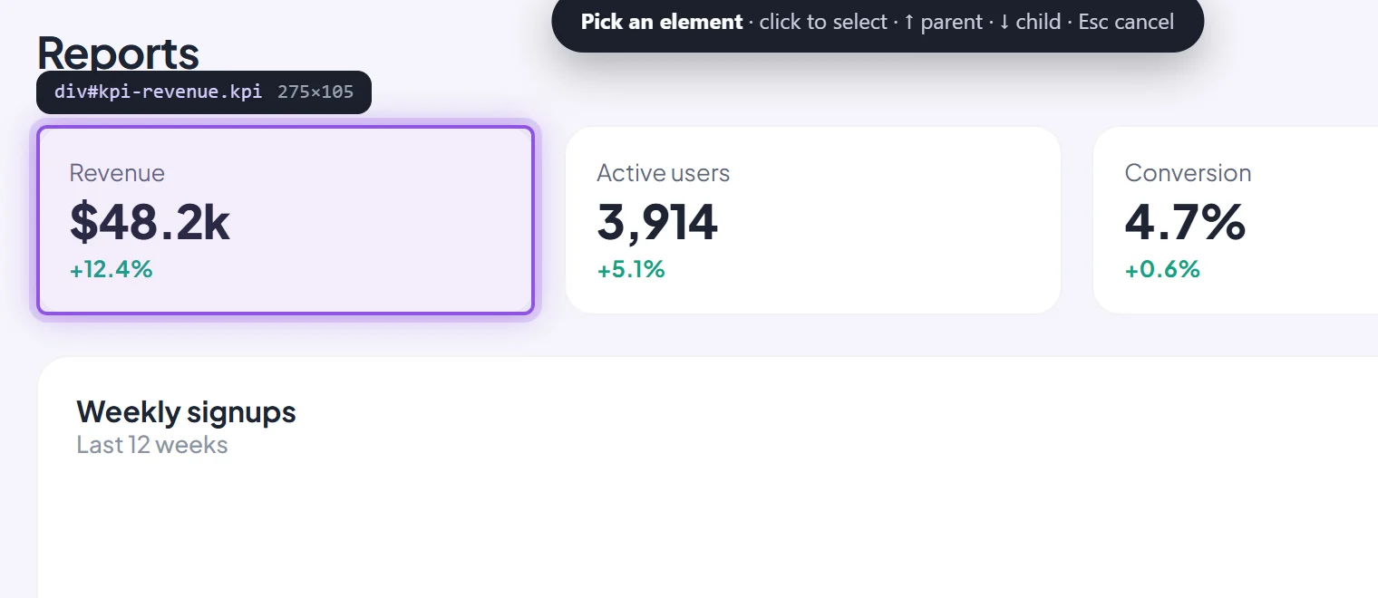 Picking an element: a card on the page is outlined while hovering